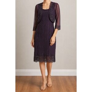 Art Deco Beaded Purple‎ Mesh Midi Dress Bolero Set Rayon Cocktail Gatsby Vintage
